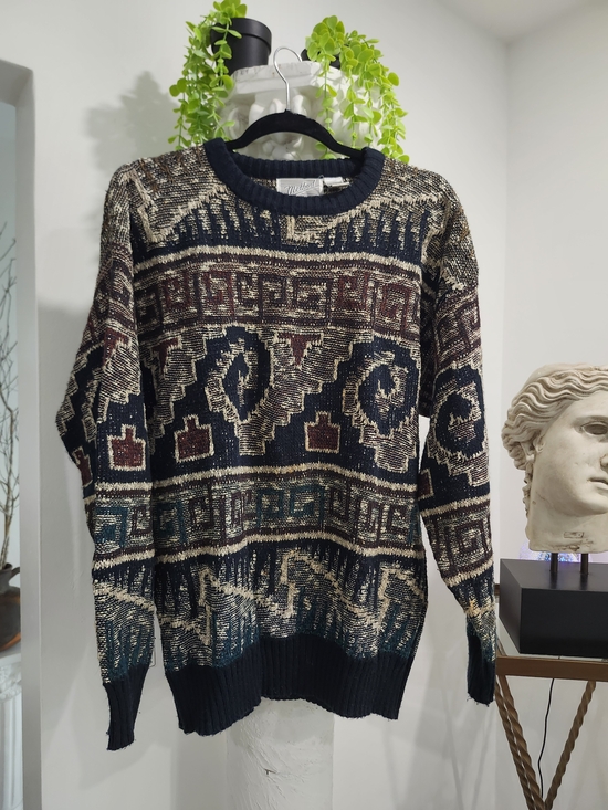 Method Other - Men's Crewneck Geometric Knit Sweater in Navy, Cream & Burgundy